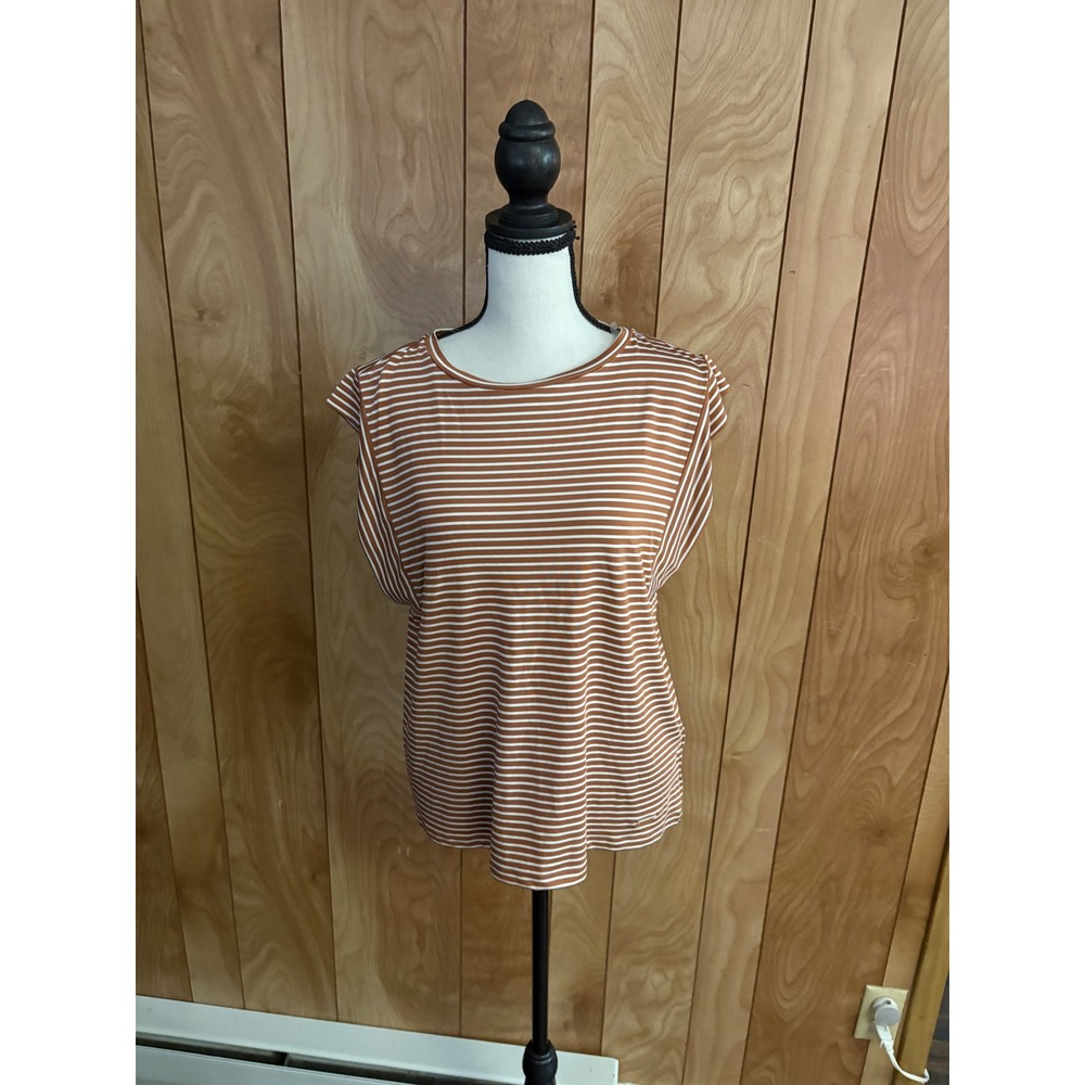 Jones New York Signature Cognac Brown White Striped Cap Sleeve Top Small